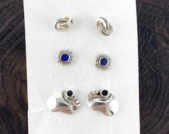 Silver Studs ,Hoop in Hoop,Round Lapis Lazuli,Heart with Onyx,Studs Earrings