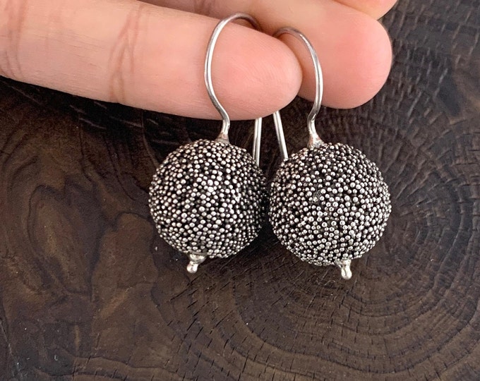 Silver Earrings, Ball Earrings, Oxidized  Earring, Granulated Sphere Earrings, Handmade Earrings.