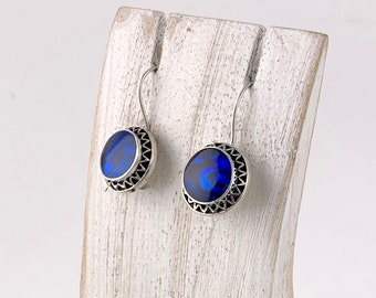 Silver Blue Shell Earring, Blue Paua Shell, Sterling Silver, Circle Blue Earring, Blue Abalone Jewelry, Dangle Blue Shell ,Round Blue Shell
