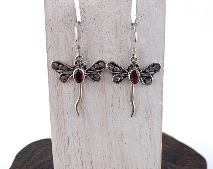 Dragonfly Earrings, Silver and Garnet Dragonfly Earrings, Silver Dragonfly Drop Earrings