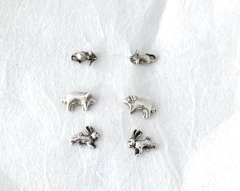 Silver Animal Studs, Farm Animal Earrings,Mouse, Mice, Pig, Rabbit Assorted Studs, Sterling Silver Studs,Animal Studs