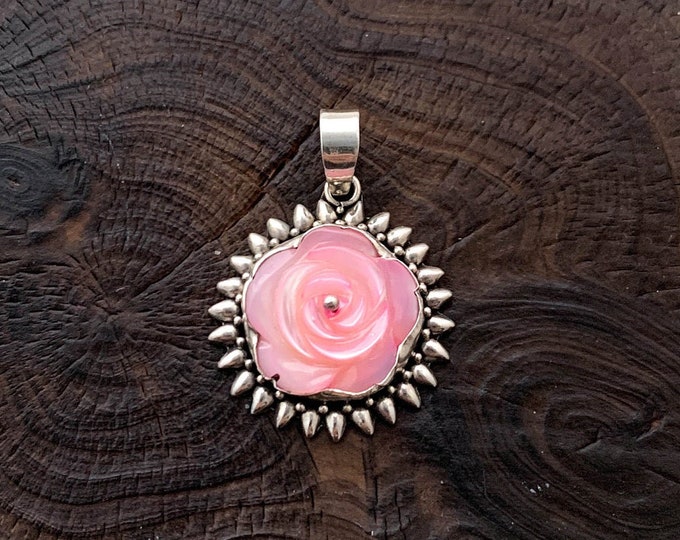 Pink Flower Pendant, Tinted Mother of Pearl Pendant, Silver Pink Flower, Rose Lover, Pink Rose,Sterling Silver,Pink Necklace,Sun Pendant