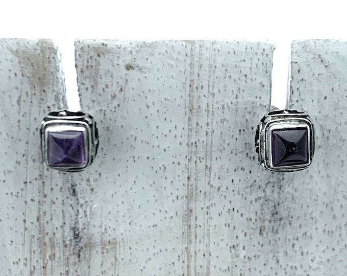 Amethyst Stud Earrings, Silver Amethyst Stud Earrings, Square with Swirl Side Design, Minimalist, Tiny Studs,Amethyst Jewellery