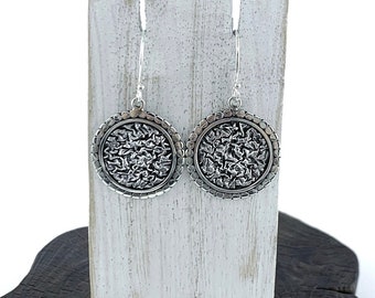 Round Silver Earrings, Modern Round Dangle Earrings,Textural Silver Design,Silver Circle Earring, Stunning Earring