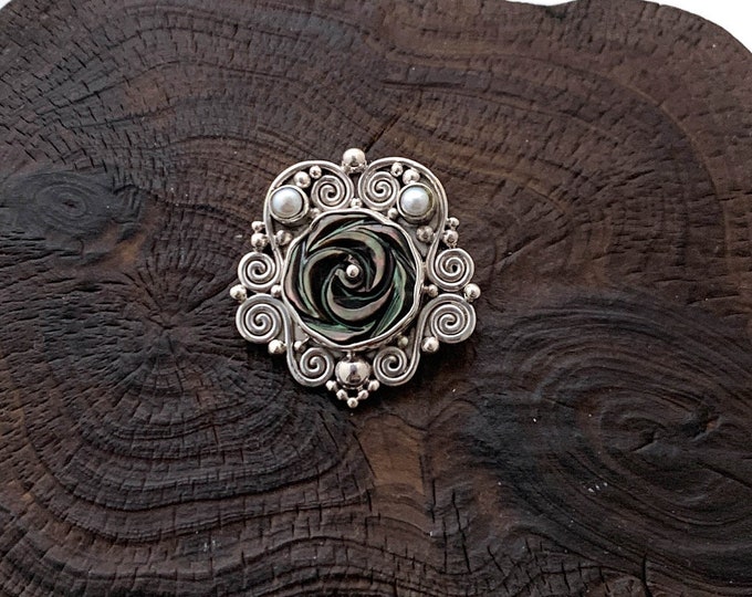 Silver Flower Brooch/Pendant,Ethnic Look, Black Rose Pin, Black Shell Brooch,Flower Lover, Gift For Her
