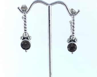 Silver Twisted Hoop, Smokey Quartz Earrings, Round Smokey, Sterling Silver 925, Brown Hoop