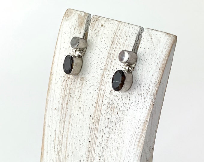 Oval Smokey Studs, Circular Moonstone Post, Sterling Silver Smokey Earrings, Smokey Earrings,Mix Stone Earrings,Gemstone