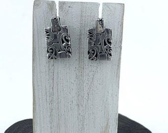 Silver Earrings, Stunning Post Earrings, Silver Studs Earrings, Silver Abstract Pattern, Rectangle Silver Earrings