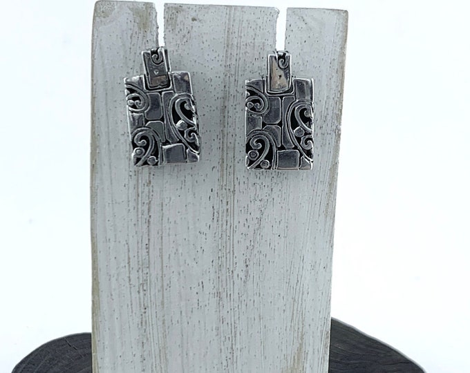 Silver Earrings, Stunning Post Earrings, Silver Studs Earrings, Silver Abstract Pattern, Rectangle Silver Earrings