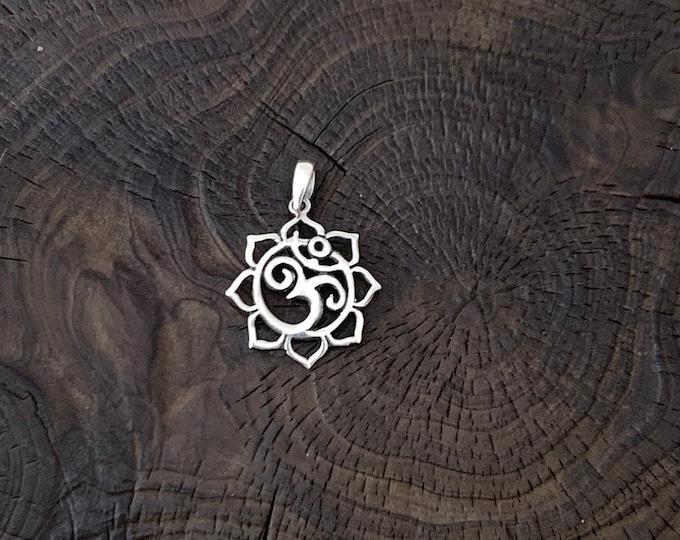 Om Symbol, Small Sterling Silver Om in Lotus Blossom Flower, Spiritual Pendant, Buddha, Buddhist, Hindu, Zen,Karma