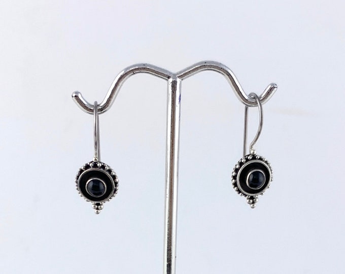 Ethnic Design Earrings,Round Onyx Earrings, Oxidized  Silver, Dangle Earrings, Onyx Earring,Small Onyx Earrings,Drop Onyx