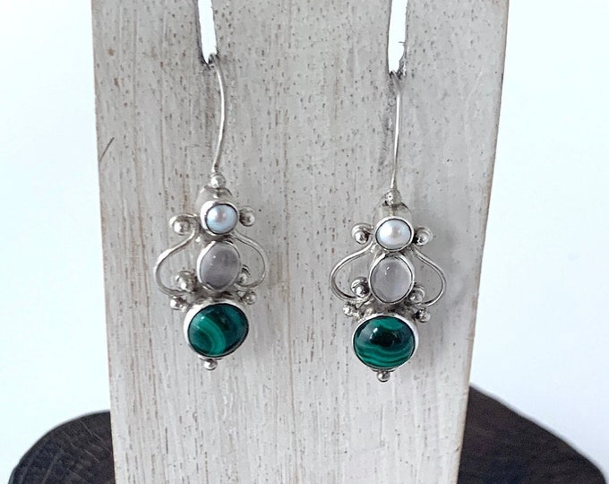 Green Malachite Earring,Stunning Gemstone Earrings, Sterling Silver Mix Stone Earrings,Green Earrings,Ethnic Earrings