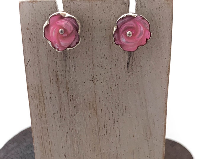 Silver Pink Flower Stud,Pink Flower post, Rose Earrings, Carved Rose Shell, Carved Flower, Pink Jewellery, Flower lover