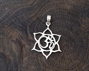 Sterling Silver Lotus Blossom Flower, Ohm Pendant, OM Jewellery,Yoga Spiritual Pendant, Buddhist, Zen, Karma, Silver Hindu Symbol