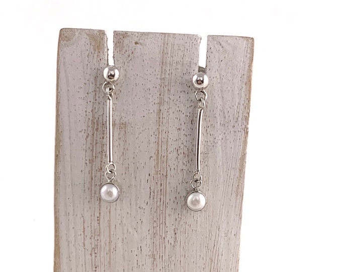 Silver Bar Earrings ,Tiny Pearl,Stud and Dangle, Sterling Silver 925, Minimalist Earrings, Everyday Earrings,Silver Pearl Earrings