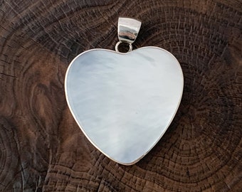 Mother of Pearl Heart Pendant, Large Heart, Sterling Silver White Pendant, Love, Romance, Valentine's Day