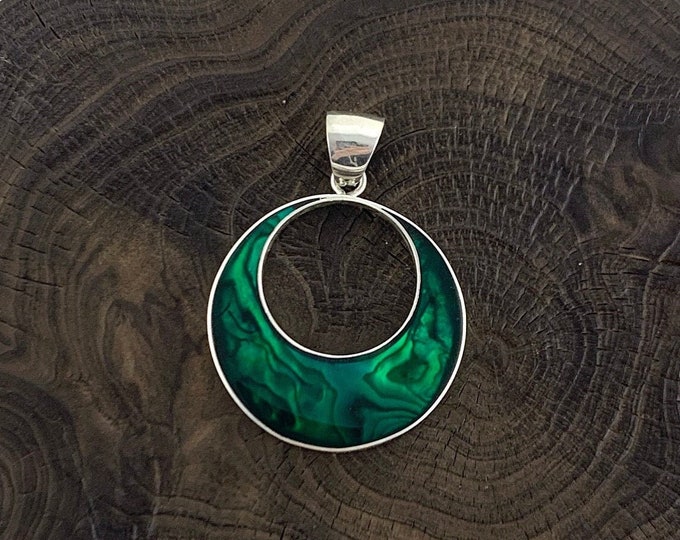 Green Abalone Pendant,  Green Tinted Shell,Round Green Shell, Green Moon Pendant, Stunning Sterling Silver, Minimalist Necklace