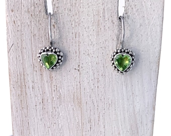 Peridot Earrings, Green Heart,Silver Heart Earrings, Peridot Heart Earring,Tiny Heart, Minimalist, Birthstone, Silver 925, Valentine's Day