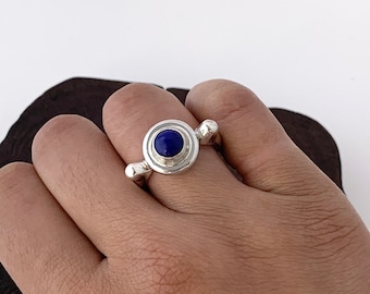 Circle Lapis Lazuli Silver Ring, Sterling Silver Ring, Natural Lapis Lazuli Ring, Blue Ring, Lapis Ring