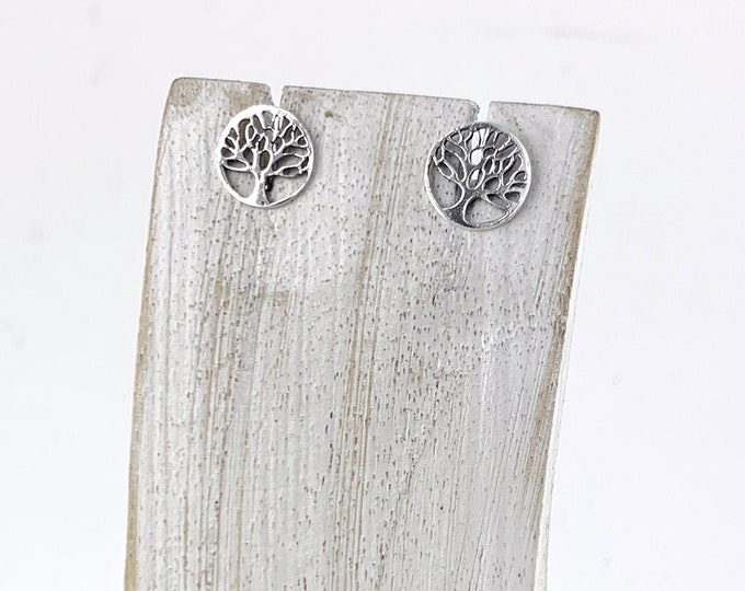 Minimalist Tree of Life Stud Earrings, Sterling Silver Round Tree of Life Earrings