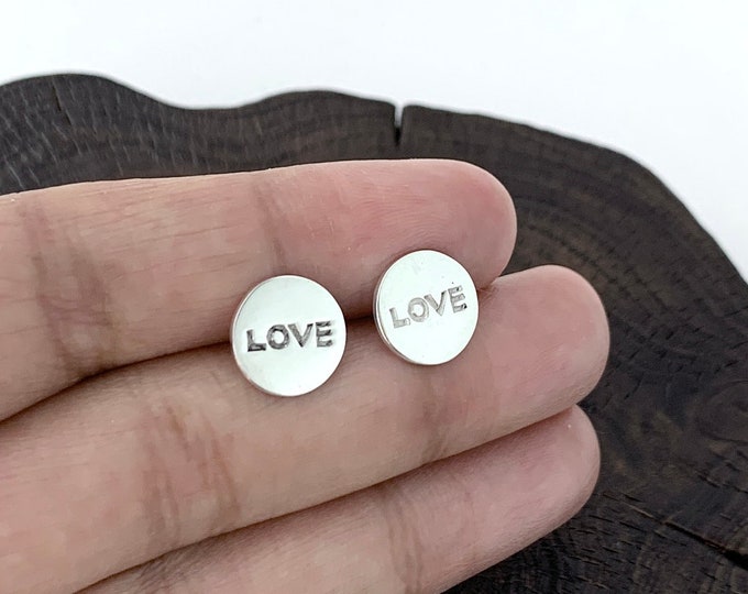 Silver Name "Love" Engraved,  Round Silver Studs, Sterling Silver Love Studs, Minimalist, Love Jewellery, Silver Love Stud