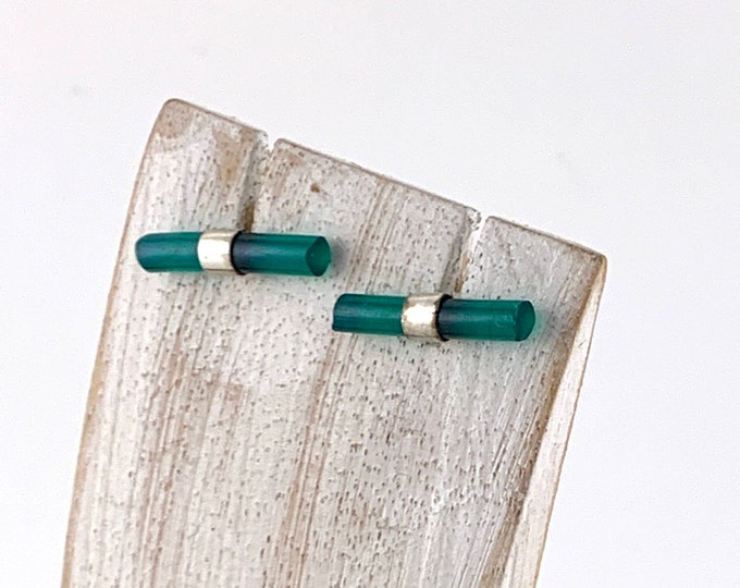 Rubber Earrings, Green Rubber Stud, Sterling Silver, Tube Stud, Unisex Studs ,Minimalist