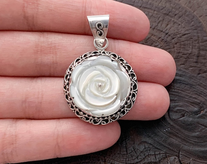 Silver White Flower,Floral Necklace, Carved Flower Necklace, Carved Rose Pendant, Flower Lover, White Rose Jewellery, 925 Silver