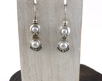White Pearl Earrings, Double Pearl Earrings, Dangle Whit Pearl Earring, Bridal Earrings, Silver 925, Silver Pearl Earring