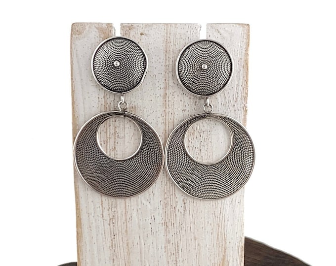 Silver Earrings, Oxidized Silver, Coiled Rope Design, Drop Earrings, Sterling Silver 925, Round Stud and Dangle