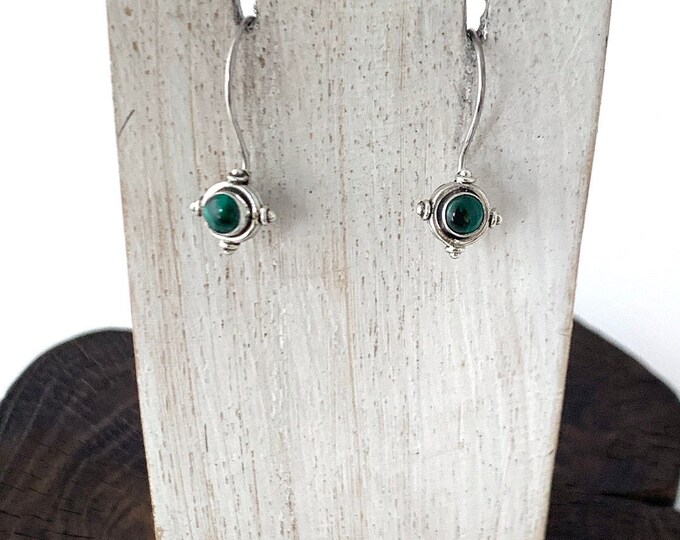 Green Malachite Earring, Dainty Earring, Tiny Round Earring, Ethnic Design, Gemstone, Silver Malachite Earrings,Silver Green Earrings