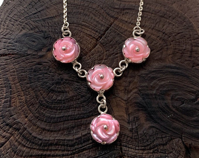 Silver Pink Flower Necklace, Sterling Silver, Pink Rose Necklace, Spring Floral Necklace, Flower Lover, Mothers Day, Sterling Silver