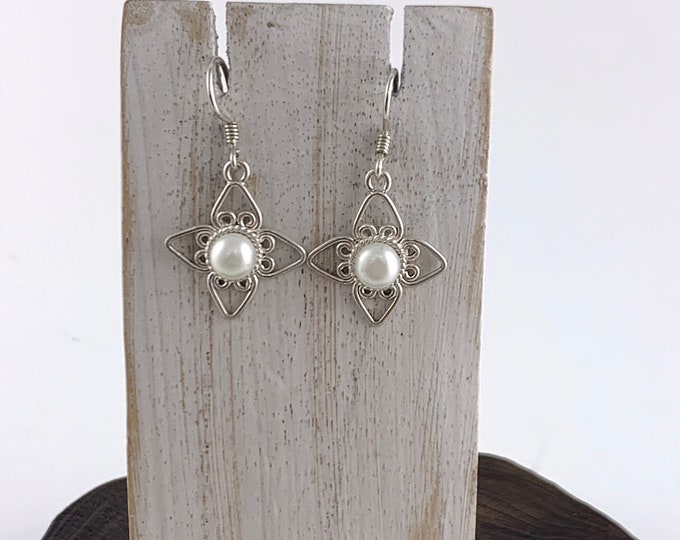 Star Pearl Drop Earrings, Vintage Pearl Earrings, Sterling Silver 925, Pearl Earring, Drop Pearl Earring, Silver Pearl Earring