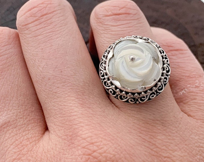 Silver White Flower Ring, Carved Rose Ring, Carved Flower Ring, Floral Ring, White Rose Ring, Flower Lover,Sterling Silver Flower