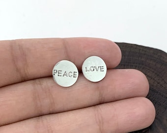 Peace and Love Engraved, Name on Round Sterling Silver Stud Earrings.Peace and Love Earrings, Love Stud