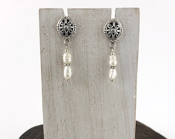 Tiny Biwa Pearl, Dangle White pearl,Oval Intricate Silver, Drop Pearl, Minimalist, Pearl Stud Earring,Post Earrings