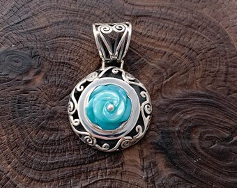 Sterling Silver Flower Pendant, Flower Lower, Carved Flower Pendant, Blue Tinted Shell Flower,Garden Lover Pendant