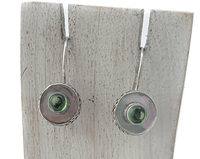 Peridot Earrings, Round Green Cabochon, Round Green Earrings, Sterling Silver Dangling Earrings, Ethnic Design