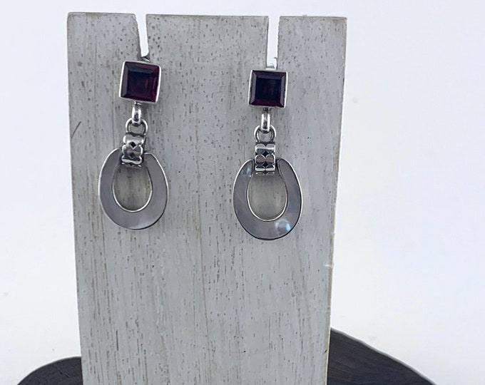 Silver Horseshoe Stud Earrings, Square Garnet Stone, Mother of Pearl Horseshoe, Lucky Earrings, Horseshoe Earrings, Good Luck Earrings