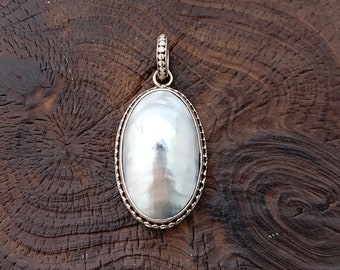 Blue Nautilus Shell Pendant, Osmena Pearl Pendant, Oval Blue Unique Pendant, Oval Grey Shell Pendant, Gift For Her