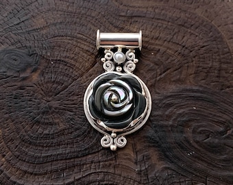 Silver Flower Pendant, Tinted Shell Flower, Black Rose Pendant, Flower Lover,Silver Flower Jewellery,Carved Flower