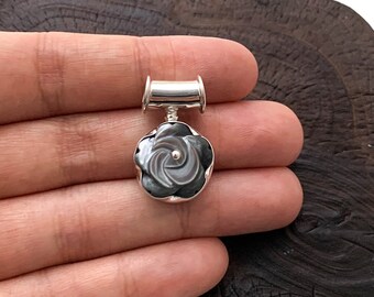 Silver Flower Pendant, Black Carved Flower, Black Pendant,Black Roses Pendant, Silver Black Flower,Flower Lover