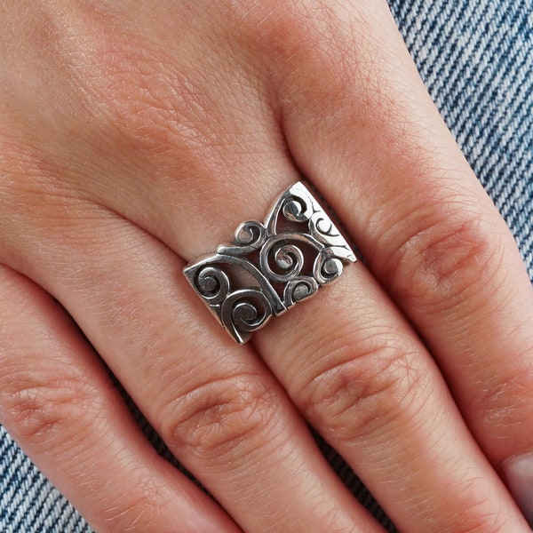 Silver Rectangular Ring, Sterling Silver Ring, Swirl Scroll Decorative Ring, Rectangle Ring, Unisex Ring, Silver925, Zen Ring