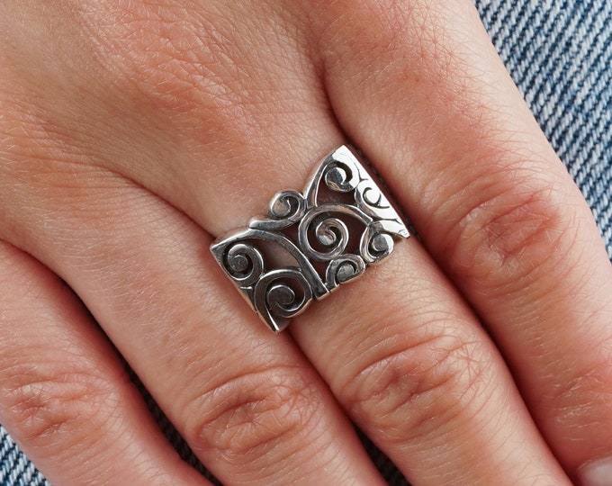 Silver Rectangular Ring, Sterling Silver Ring, Swirl Scroll Decorative Ring, Rectangle Ring, Unisex Ring, Silver925, Zen Ring