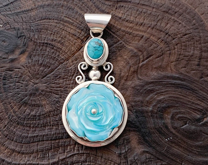 Silver Flower Pendant,Sterling Silver Flower, Flower Necklace, Blue Tinted Shell Flower, Carved Rose Pendant,Flower Lover