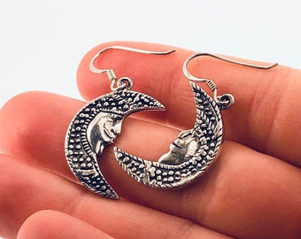 Crescent Moon Face, Dangling Earrings, Sterling Silver, Vintage Design, Silver Crescent Moon Earring