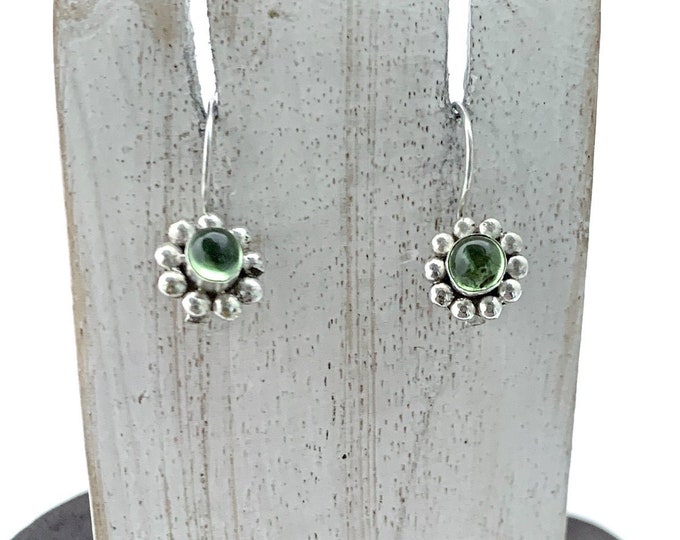 Peridot Earrings,  Green Flower Earring, Drop Green Cabochon, Sterling Silver  925, Round Peridot Earrings