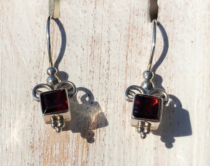 Garnet Earrings, Sterling Silver Square Garnet, Silver Garnet Earrings, Square Garnet Earrings, Small Garnet Earrings