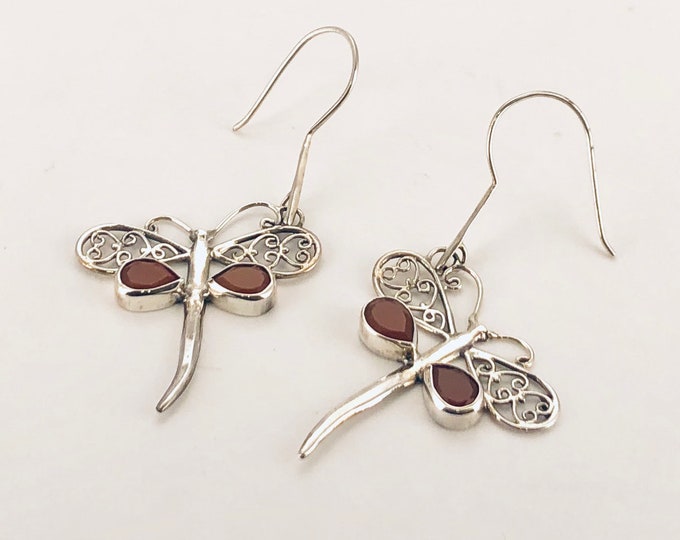 Carnelian Dragonfly,  Sterling Silver Earrings, Dragonfly Earrings, Dragonfly Orange Earring, Dragonfly Lover, Silver Dragonfly