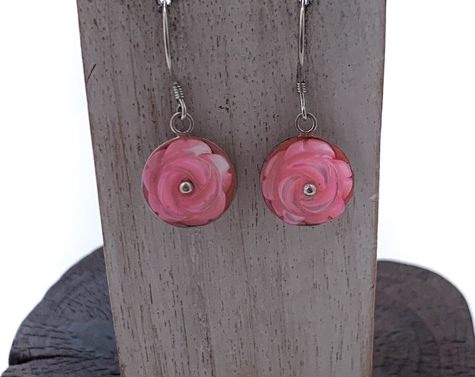 Silver Pink Flower,Pink Earrings, Pink Flower Dangle,Flower Lover, Carved Shell Earrings, Carved Rose Earrings, Sterling Silver