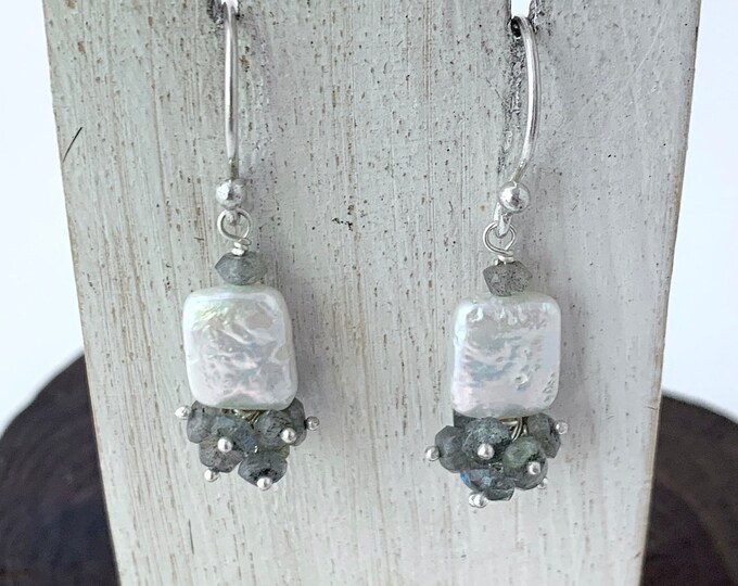 Pearl & Labradorite Earrings, White and Grey, Sterling SilverPearl Earrings, Silver Labradorite Earrings, Silver Pearl